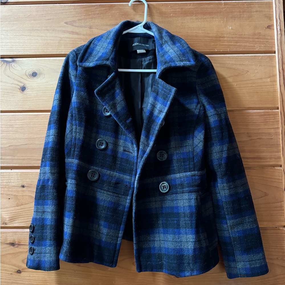 Moda International Blue and Black Plaid Pea Coat